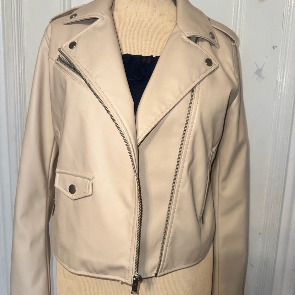 Nine West Cream Faux Leather Moto Jacket size Medium